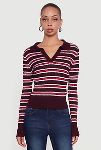 Striped Cable Knit Polo Sweater