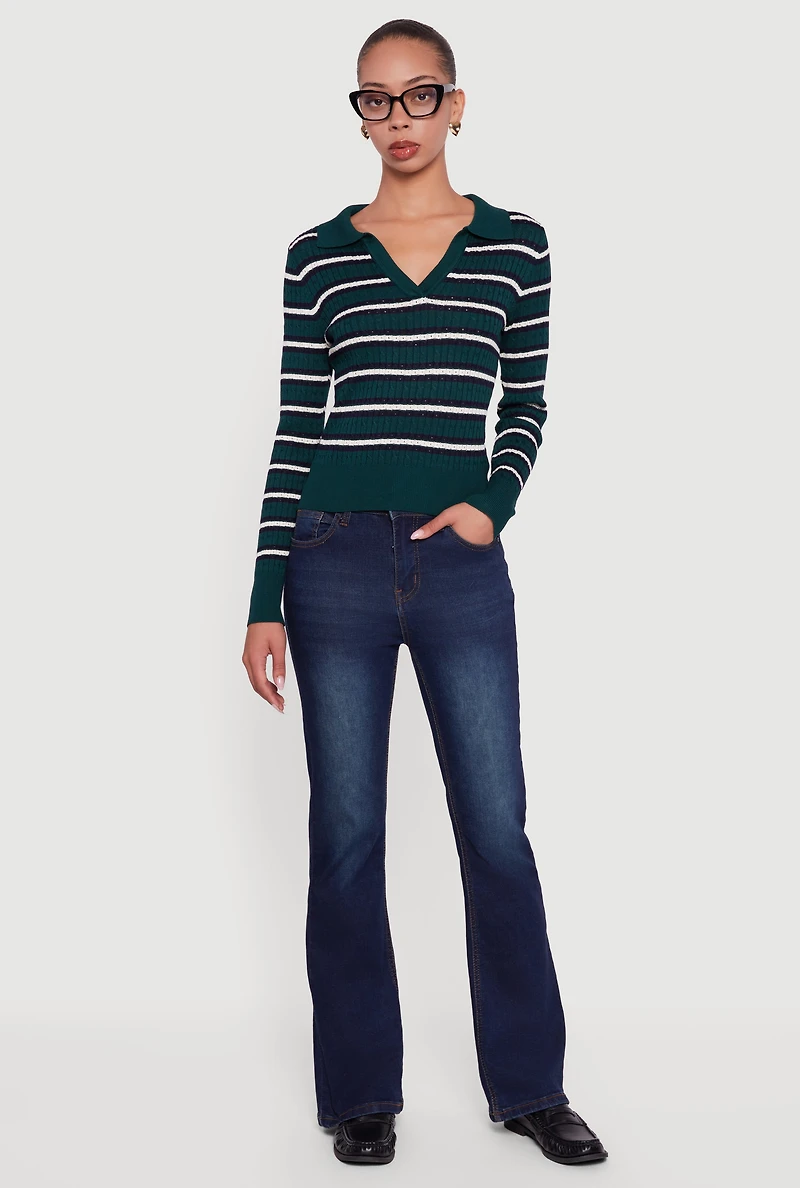 Womens Striped Cable Knit Polo Sweater, Green, Size S
