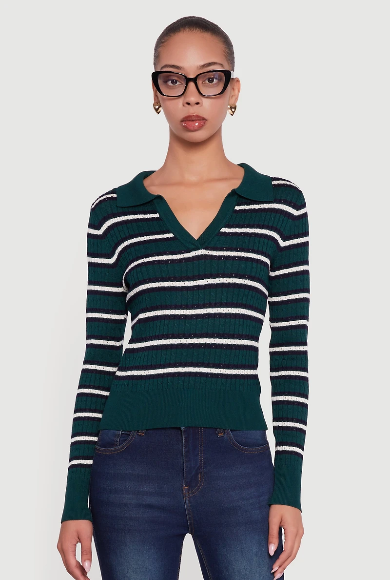 Womens Striped Cable Knit Polo Sweater, Green, Size S