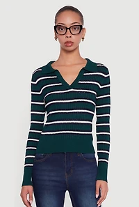 Womens Striped Cable Knit Polo Sweater, Green, Size S