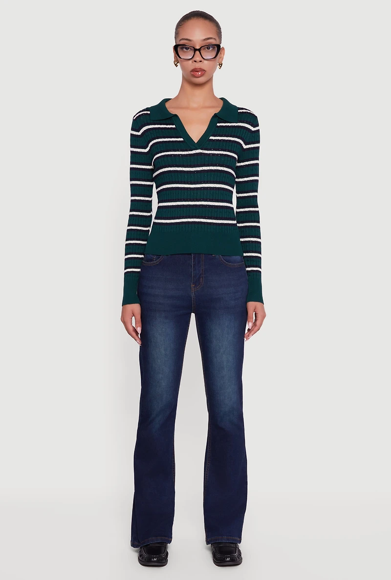 Womens Striped Cable Knit Polo Sweater, Green, Size S