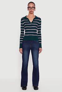 Womens Striped Cable Knit Polo Sweater, Green, Size S