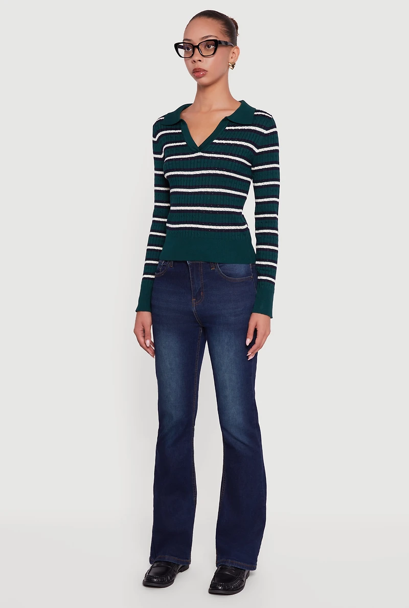 Womens Striped Cable Knit Polo Sweater, Green, Size M
