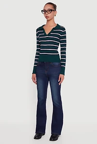 Womens Striped Cable Knit Polo Sweater, Green, Size M