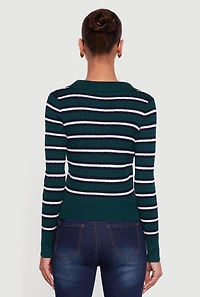 Womens Striped Cable Knit Polo Sweater, Green, Size M