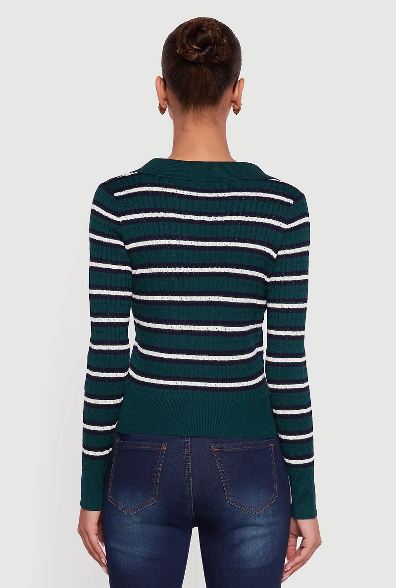 Womens Striped Cable Knit Polo Sweater, Green, Size S