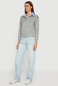 Womens Pinstripe Collar Layered Look Polo Shirt, Grey, Size L