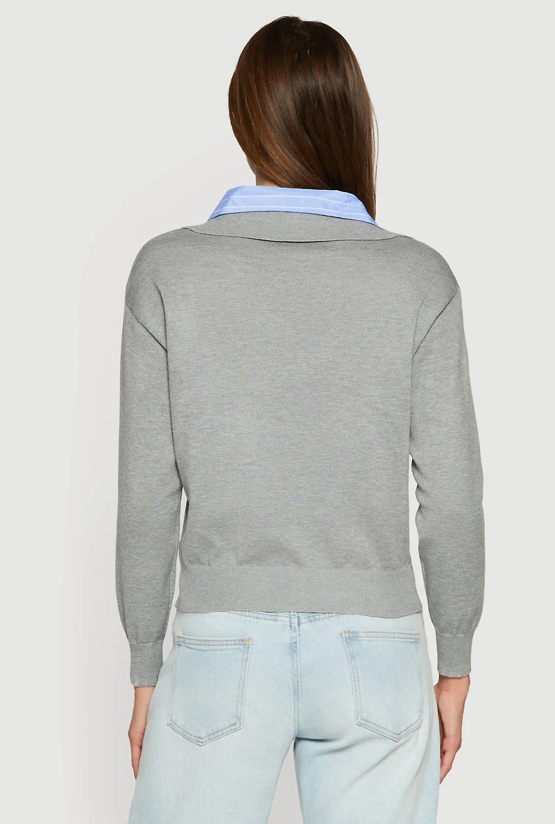 Womens Pinstripe Collar Layered Look Polo Shirt, Grey, Size L