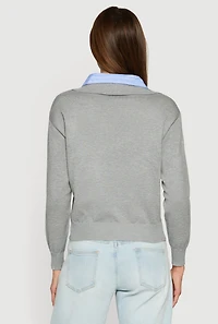 Womens Pinstripe Collar Layered Look Polo Shirt, Grey, Size L