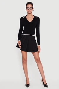 Womens Contrast Trim Cable Knit Cropped Johnny Collar Sweater, Black,