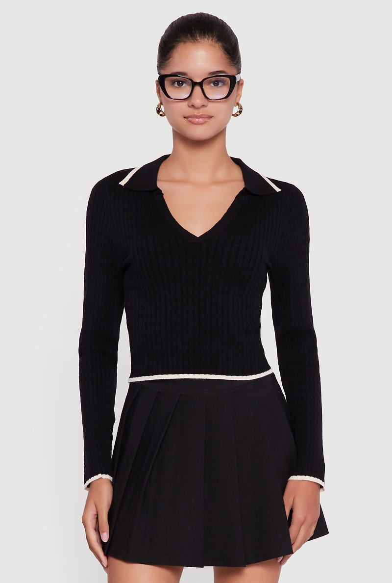 Womens Contrast Trim Cable Knit Cropped Johnny Collar Sweater, Black, Size L