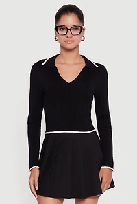 Womens Contrast Trim Cable Knit Cropped Johnny Collar Sweater, Black, Size L