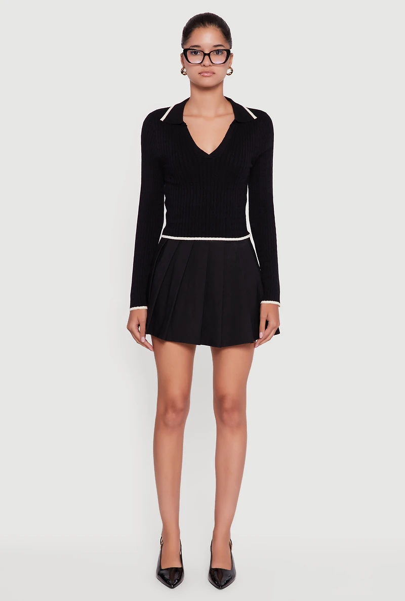 Womens Contrast Trim Cable Knit Cropped Johnny Collar Sweater, Black,