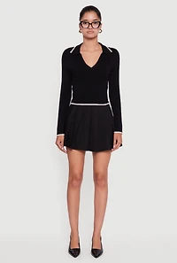 Womens Contrast Trim Cable Knit Cropped Johnny Collar Sweater, Black,
