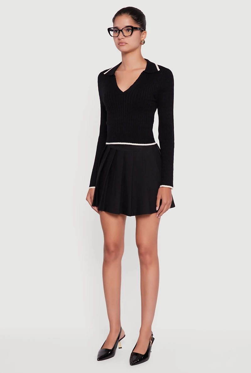 Womens Contrast Trim Cable Knit Cropped Johnny Collar Sweater, Black, Size L