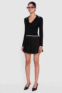Womens Contrast Trim Cable Knit Cropped Johnny Collar Sweater, Black, Size L