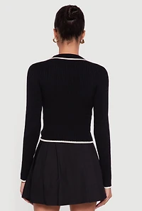 Womens Contrast Trim Cable Knit Cropped Johnny Collar Sweater, Black, Size L