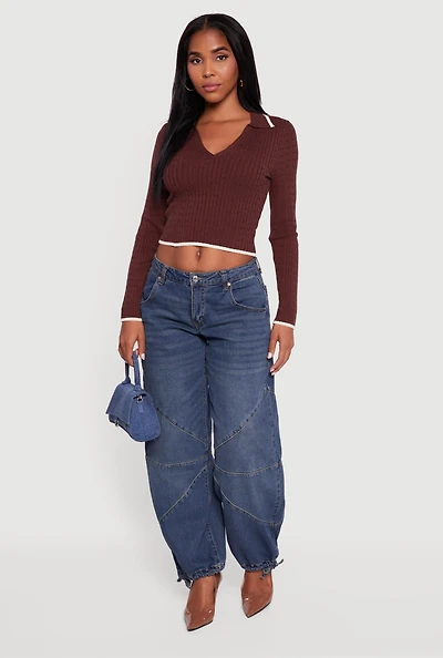 Womens Contrast Trim Cable Knit Cropped Johnny Collar Sweater,