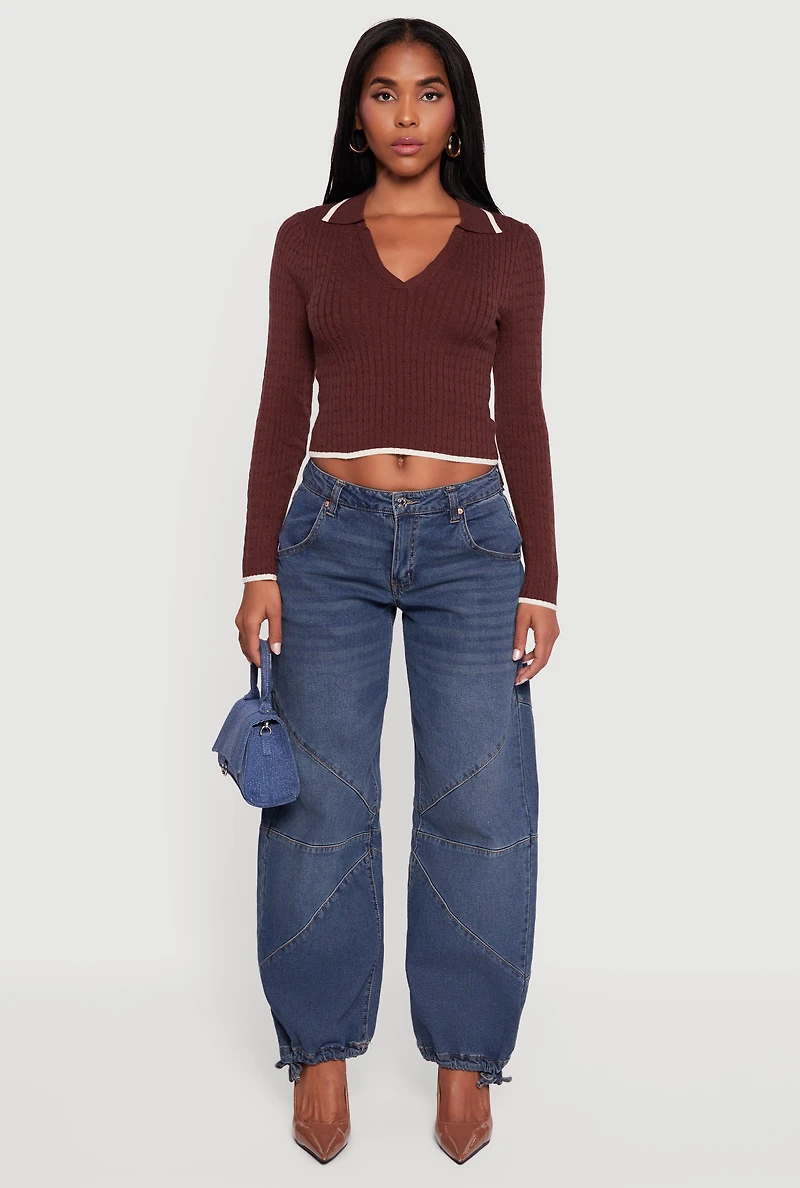 Womens Contrast Trim Cable Knit Cropped Johnny Collar Sweater, Brown, Size S