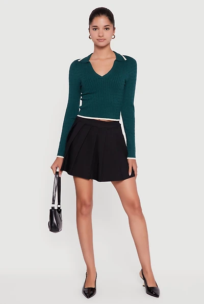 Womens Contrast Trim Cable Knit Cropped Johnny Collar Sweater, Green, Size S