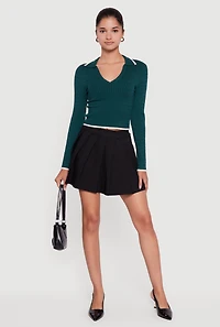 Contrast Trim Cable Knit Cropped Johnny Collar Sweater