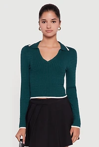 Womens Contrast Trim Cable Knit Cropped Johnny Collar Sweater, Green, Size S