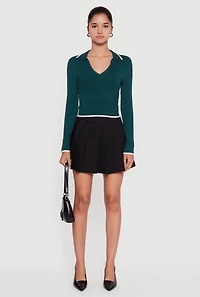 Womens Contrast Trim Cable Knit Cropped Johnny Collar Sweater, Green, Size S