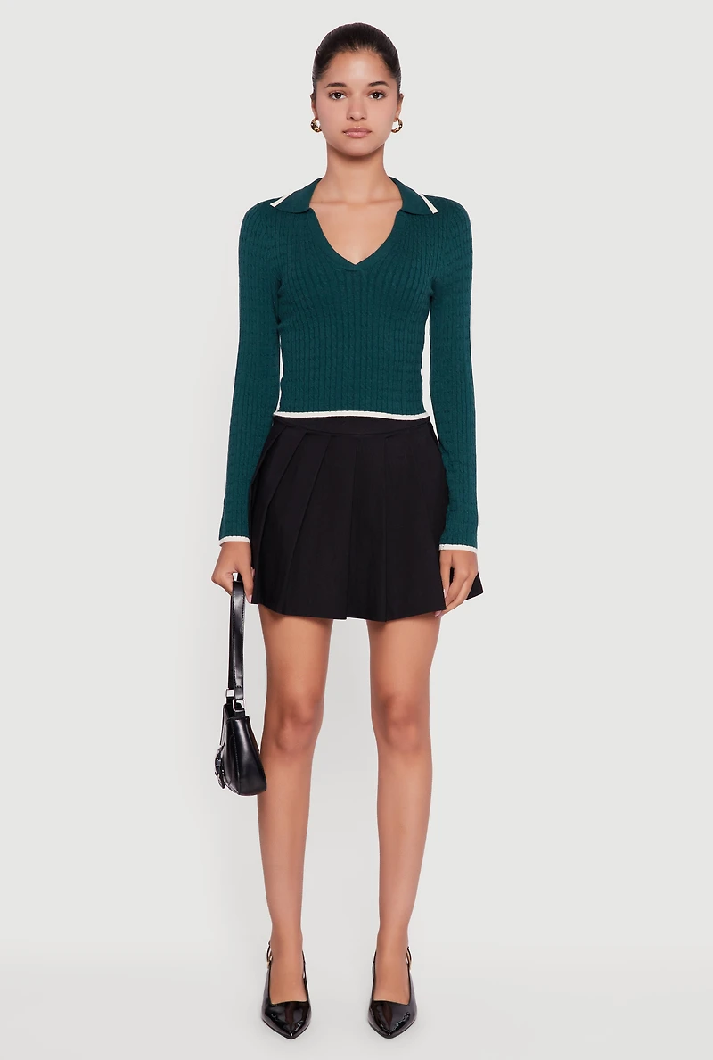 Contrast Trim Cable Knit Cropped Johnny Collar Sweater
