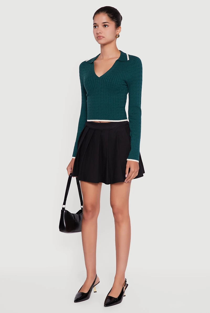 Womens Contrast Trim Cable Knit Cropped Johnny Collar Sweater, Green, Size S