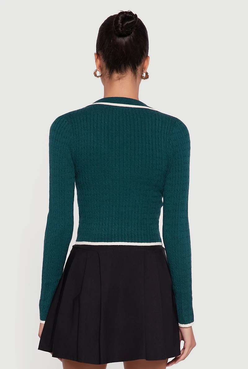 Womens Contrast Trim Cable Knit Cropped Johnny Collar Sweater, Green, Size S