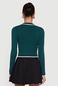 Womens Contrast Trim Cable Knit Cropped Johnny Collar Sweater, Green, Size S