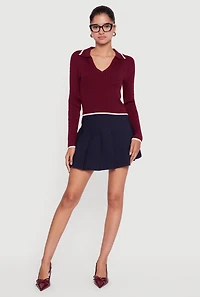 Contrast Trim Cable Knit Cropped Johnny Collar Sweater