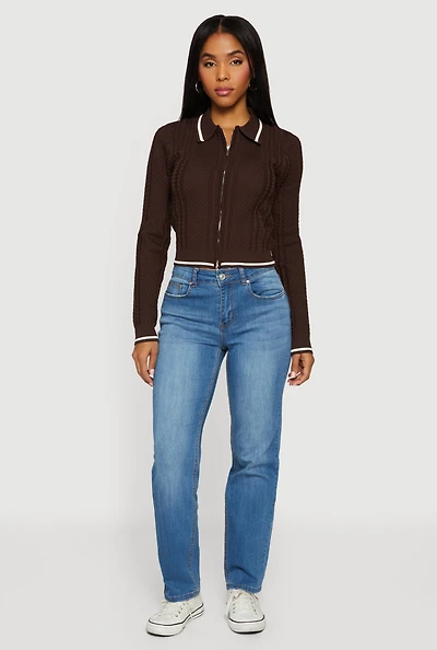 Contrast Trim Zip Front Textured Knit Sweater