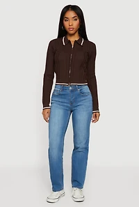 Contrast Trim Zip Front Textured Knit Sweater