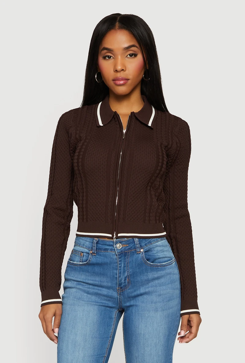Contrast Trim Zip Front Textured Knit Sweater