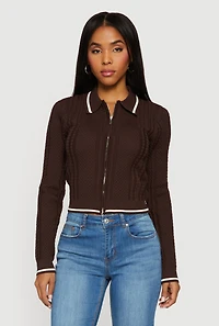 Contrast Trim Zip Front Textured Knit Sweater