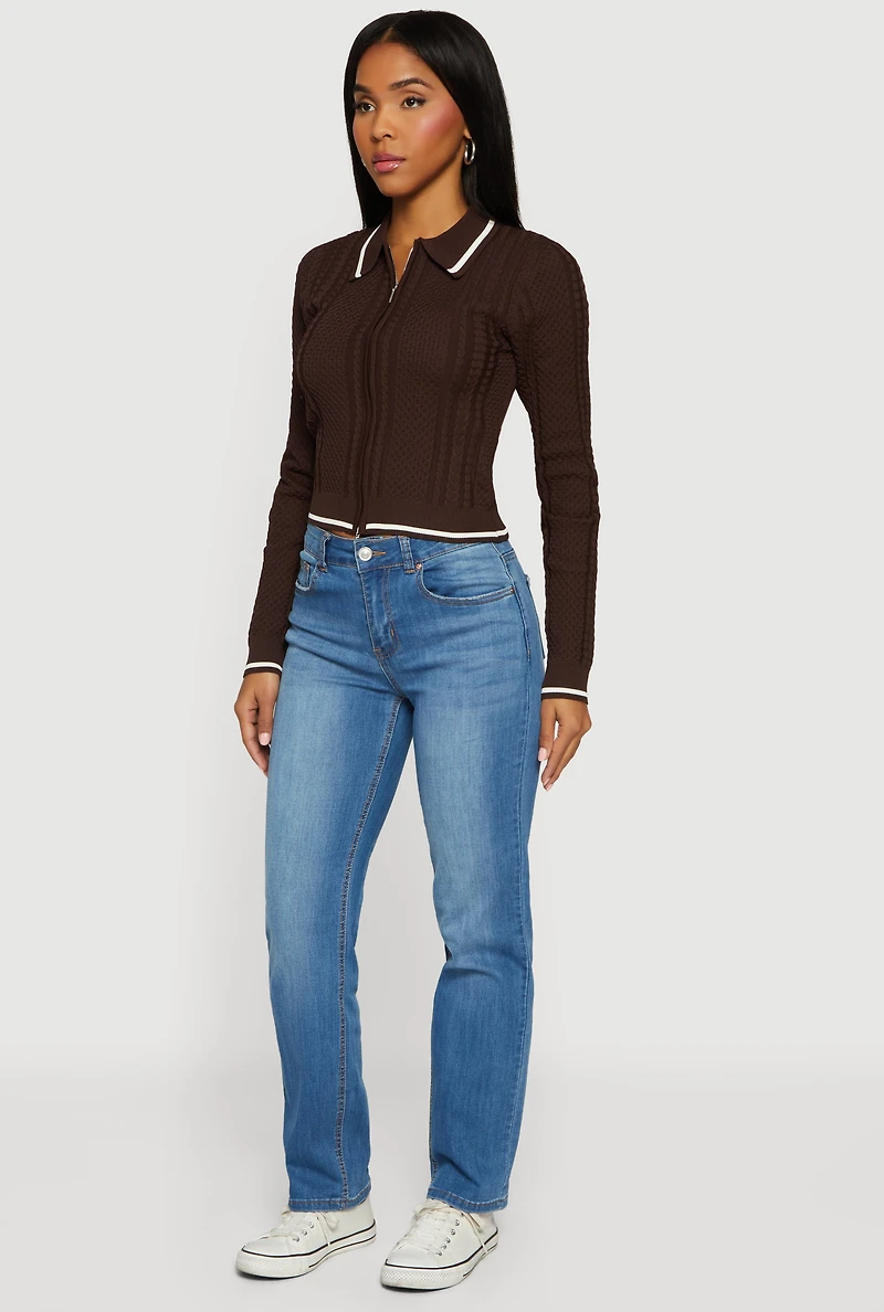 Contrast Trim Zip Front Textured Knit Sweater
