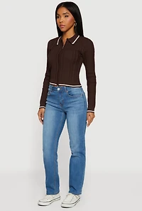 Contrast Trim Zip Front Textured Knit Sweater