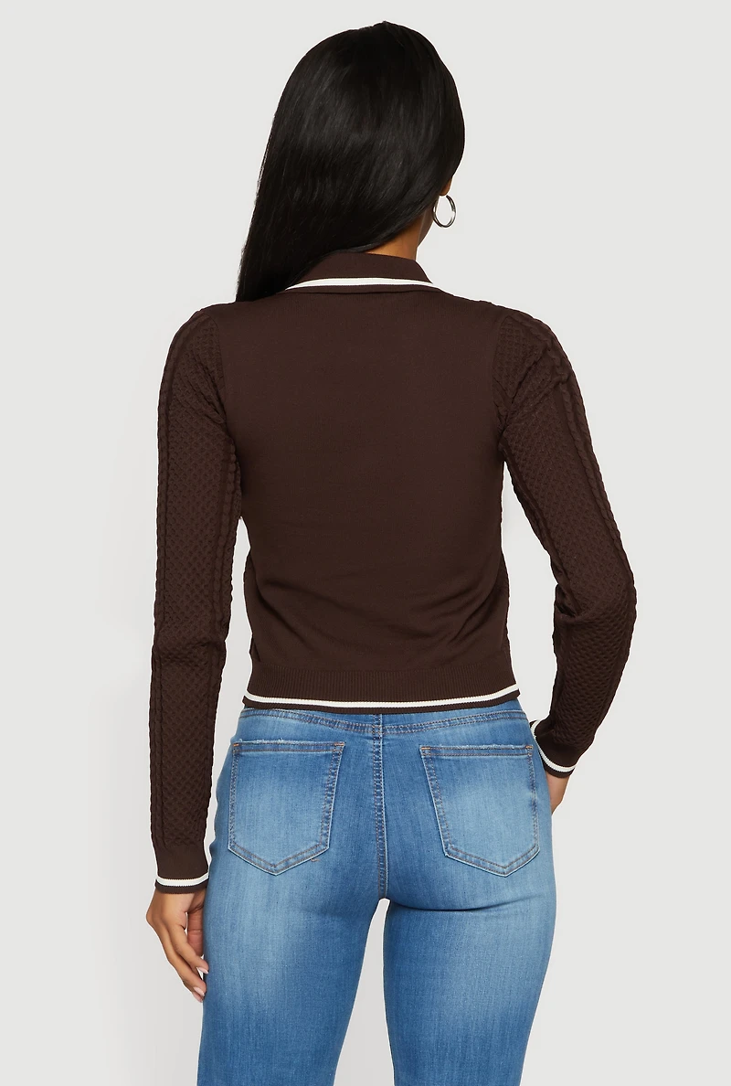 Contrast Trim Zip Front Textured Knit Sweater