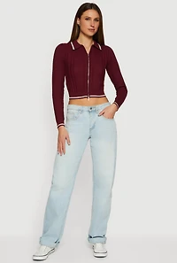 Womens Contrast Trim Zip Front Textured Knit Sweater,