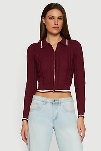 Womens Contrast Trim Zip Front Textured Knit Sweater,