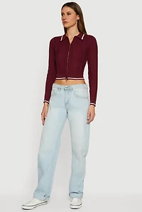 Womens Contrast Trim Zip Front Textured Knit Sweater,