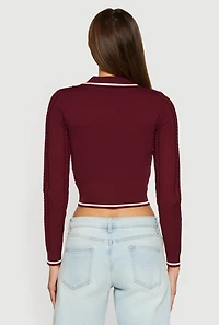 Womens Contrast Trim Zip Front Textured Knit Sweater,