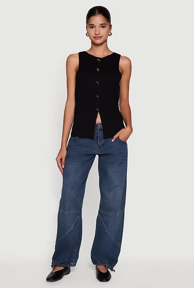 Womens Metallic Button Front Sleeveless Sweater, M