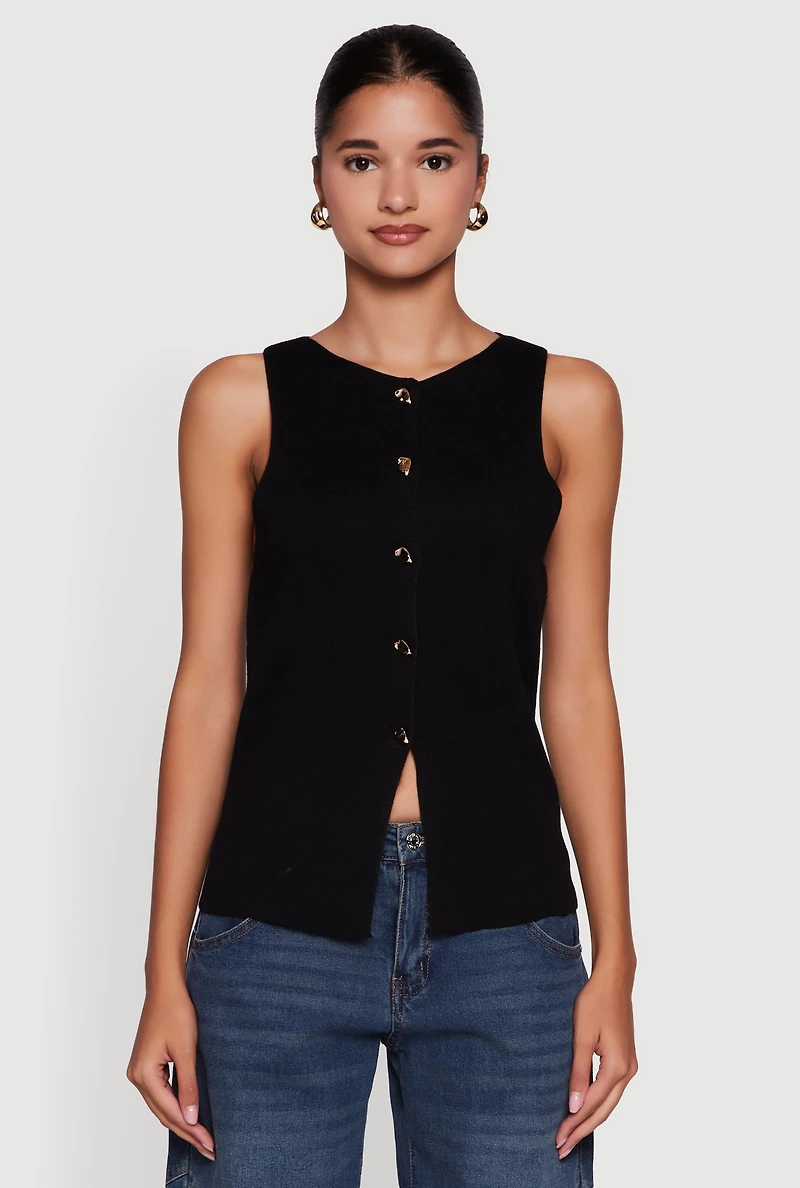 Womens Metallic Button Front Sleeveless Sweater, M