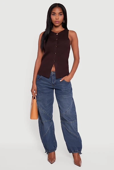 Womens Metallic Button Front Sleeveless Sweater, Brown, Size S
