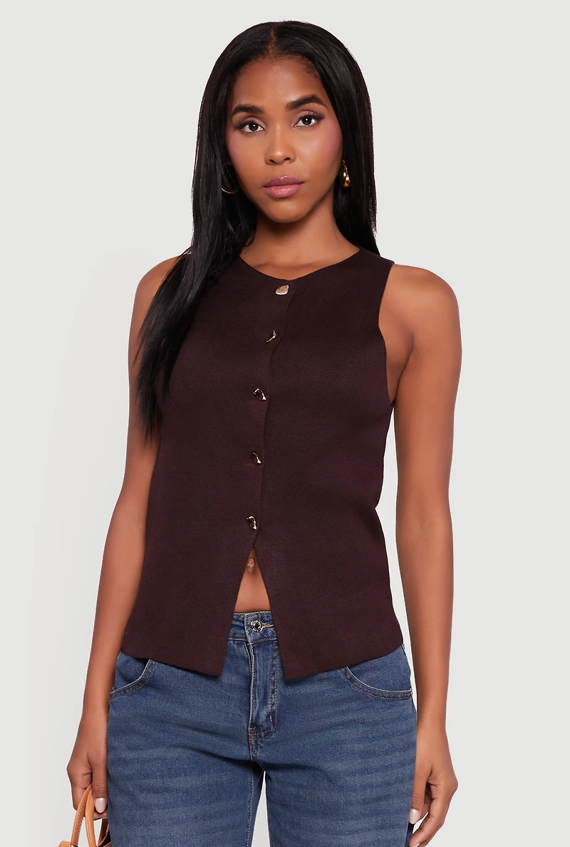Womens Metallic Button Front Sleeveless Sweater, Brown, Size S