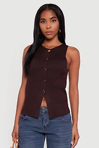 Womens Metallic Button Front Sleeveless Sweater, Brown, Size S