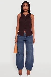 Womens Metallic Button Front Sleeveless Sweater, Brown, Size S