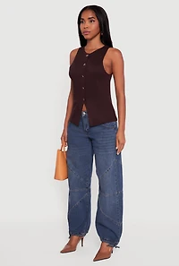Womens Metallic Button Front Sleeveless Sweater, Brown, Size S